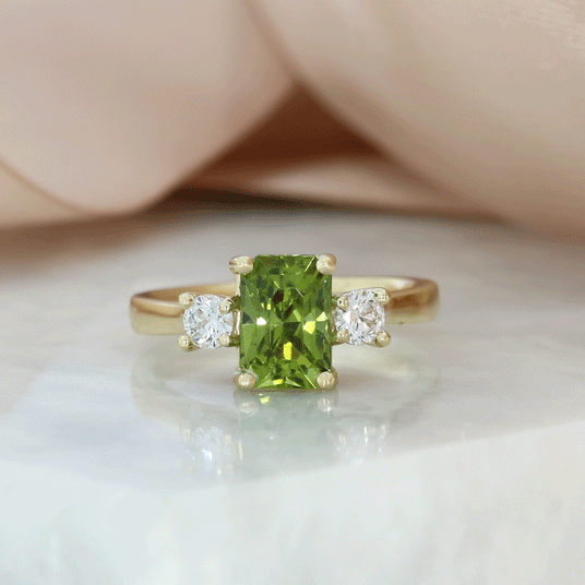 9ct Gold Light Green Tourmaline & Lab Grown Diamond 3 Stone Ring