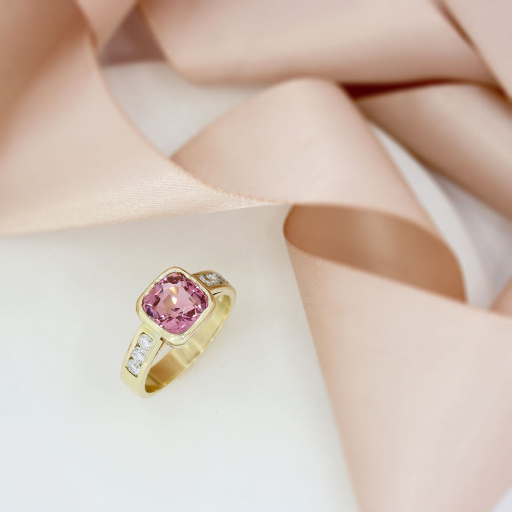 9ct Pink Tourmaline Ring with Channel Set Natural Diamond Shoulders