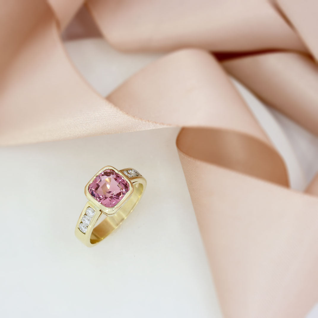 9ct Pink Tourmaline Ring with Channel Set Natural Diamond Shoulders
