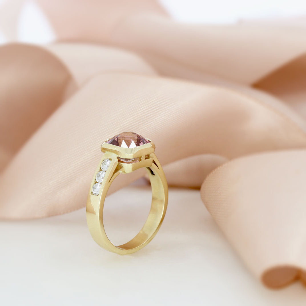 9ct Pink Tourmaline Ring with Channel Set Natural Diamond Shoulders