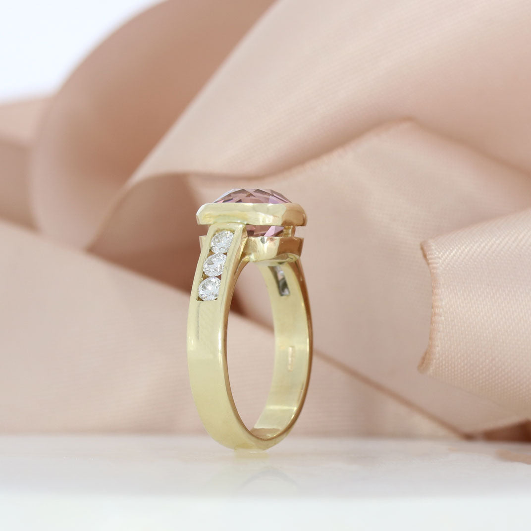 9ct Pink Tourmaline Ring with Channel Set Natural Diamond Shoulders