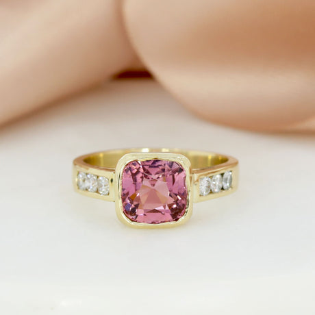 9ct Pink Tourmaline Ring with Channel Set Natural Diamond Shoulders