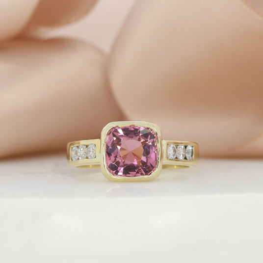 9ct Pink Tourmaline Ring with Channel Set Natural Diamond Shoulders