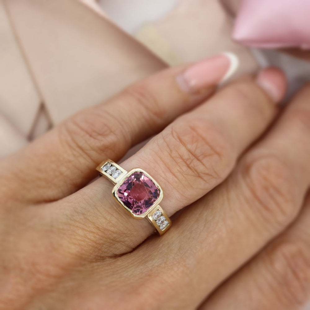 9ct Pink Tourmaline Ring with Channel Set Natural Diamond Shoulders