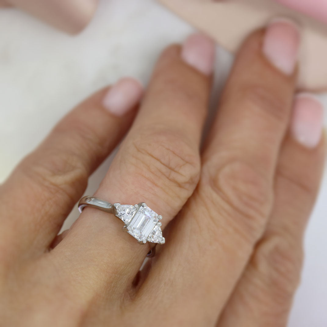 Platinum Emerald & Trillion Cut Lab Grown Diamond 3 Stone Ring 1.40ct