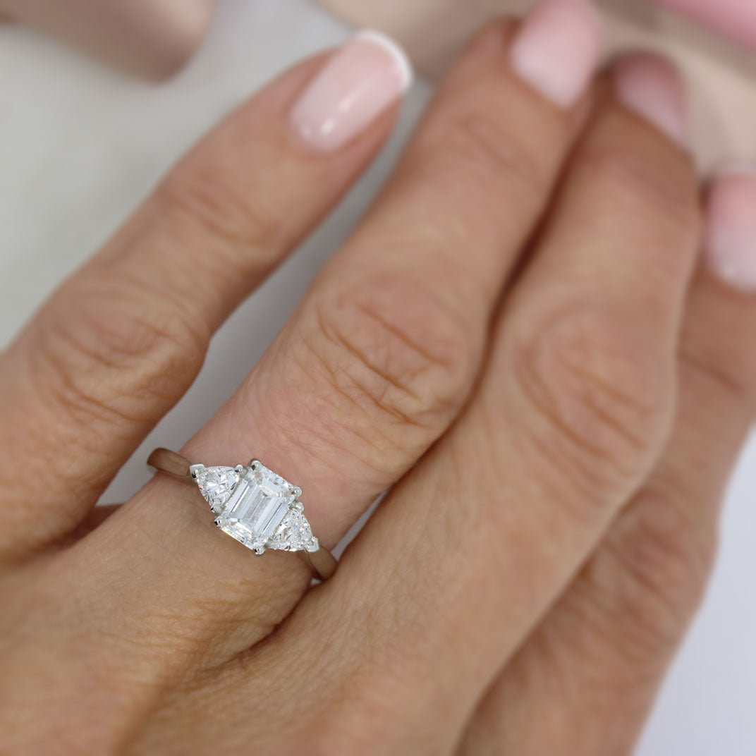 Platinum Emerald & Trillion Cut Lab Grown Diamond 3 Stone Ring 1.40ct