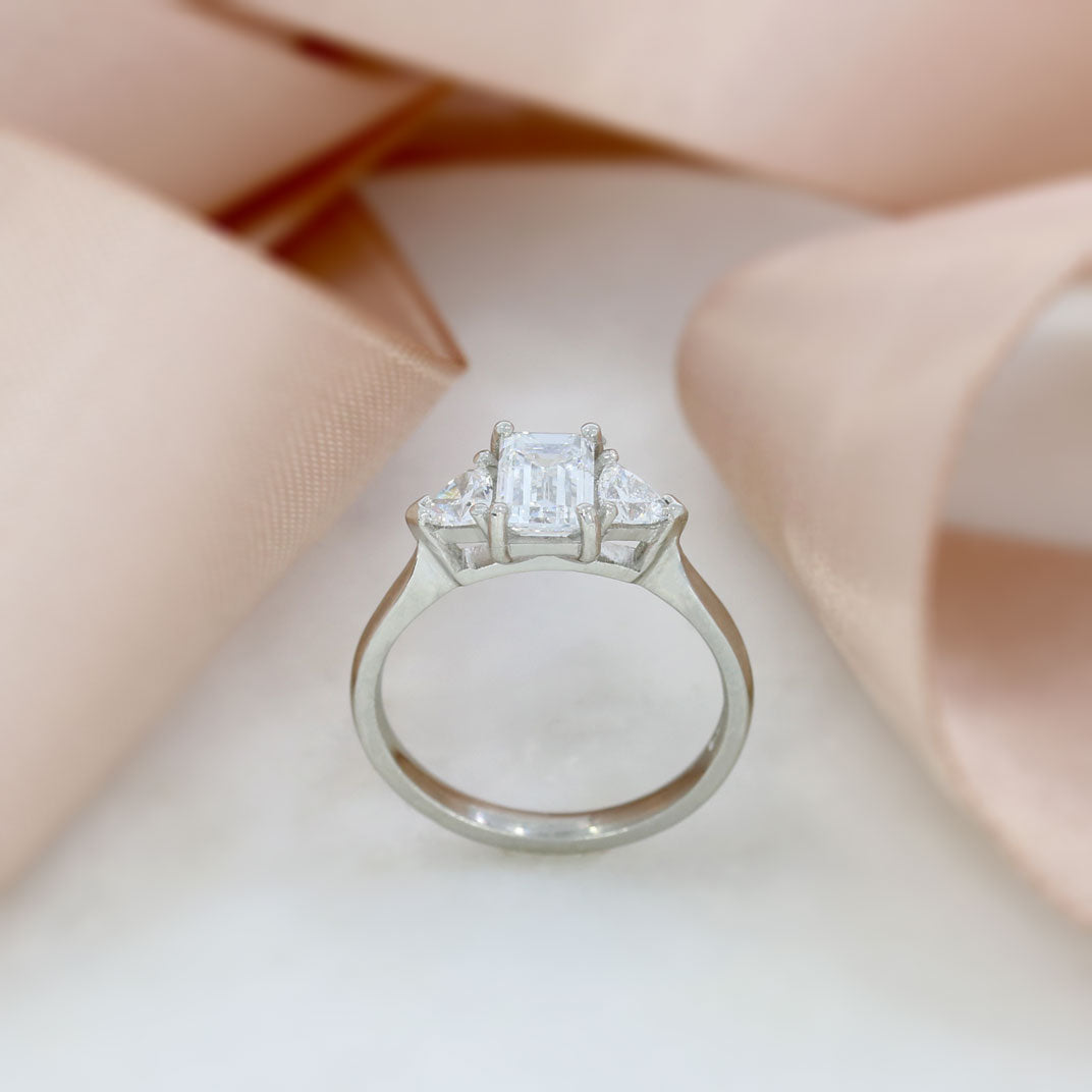 Platinum Emerald & Trillion Cut Lab Grown Diamond 3 Stone Ring 1.40ct