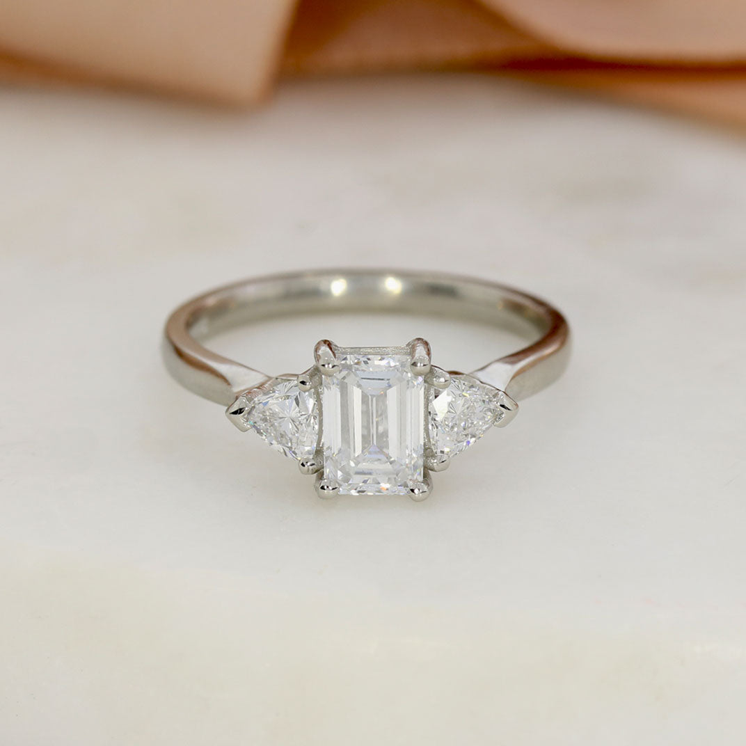 Platinum Emerald & Trillion Cut Lab Grown Diamond 3 Stone Ring 1.40ct
