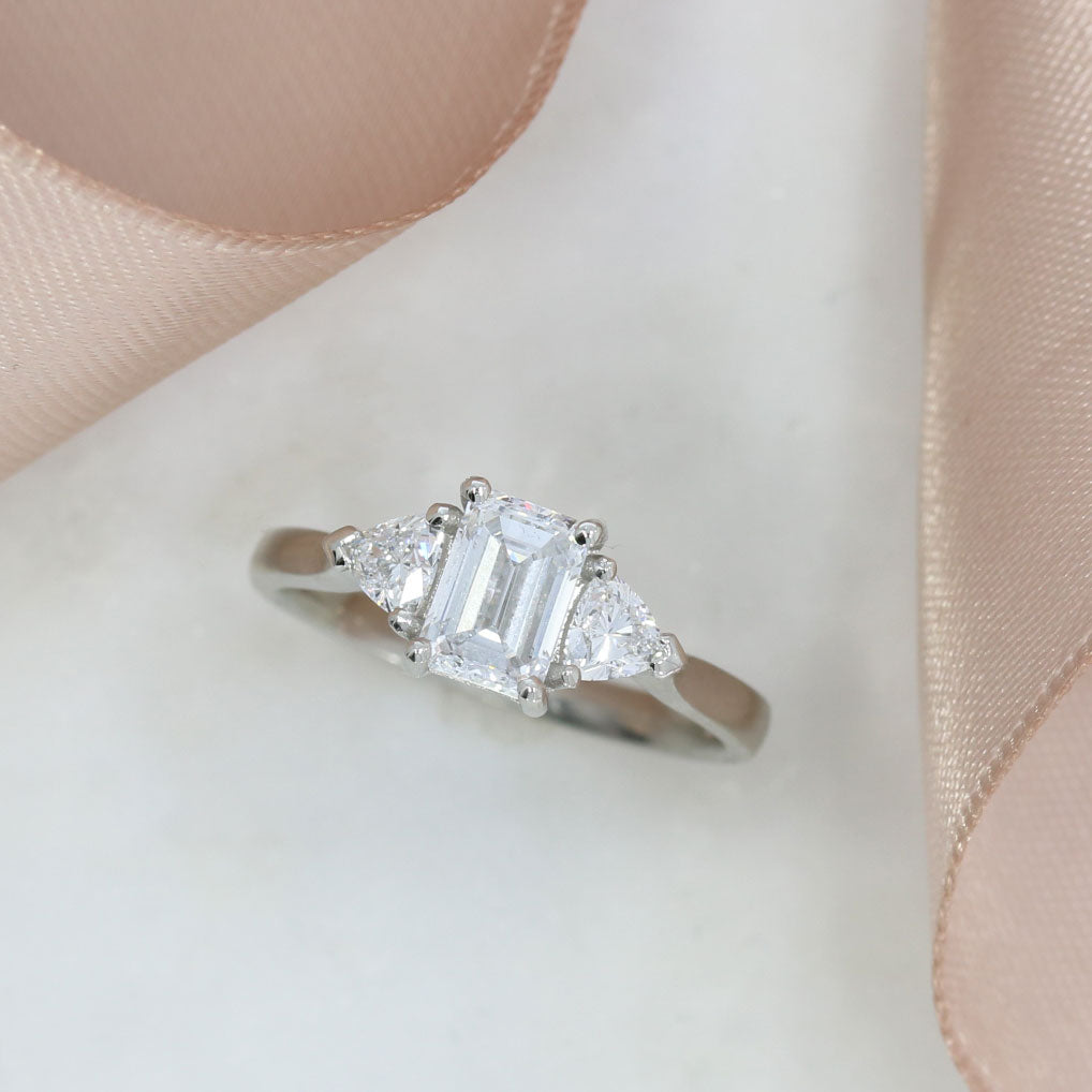 Platinum Emerald & Trillion Cut Lab Grown Diamond 3 Stone Ring 1.40ct