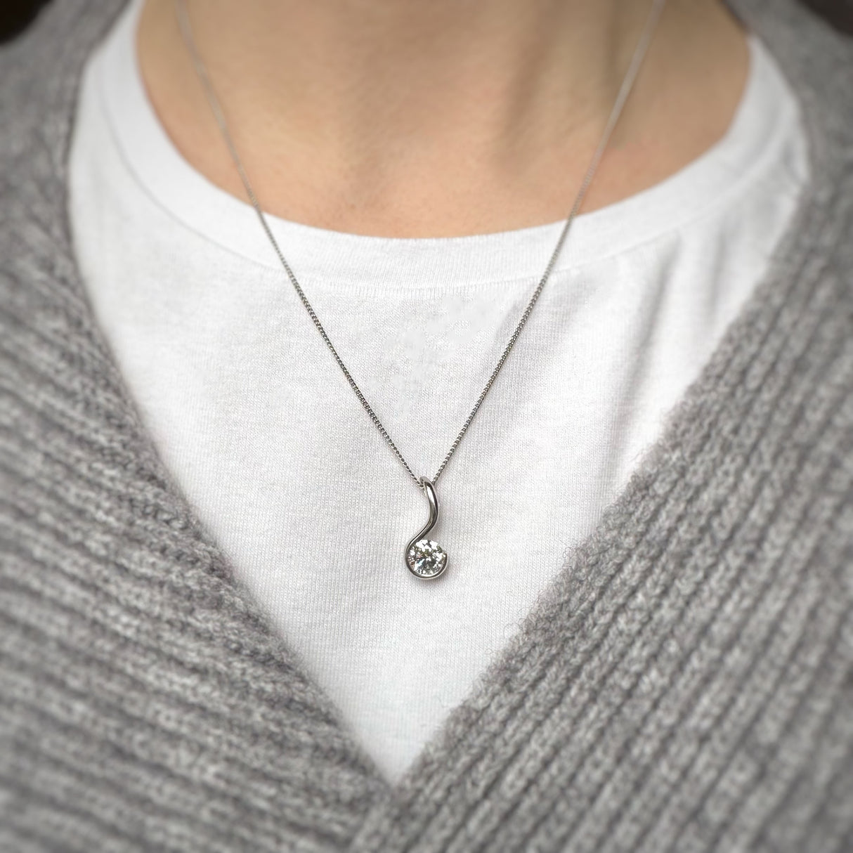 Platinum Rub Over Set Certified Lab Grown Diamond Solitaire Drop Pendant 1.00ct E VS1