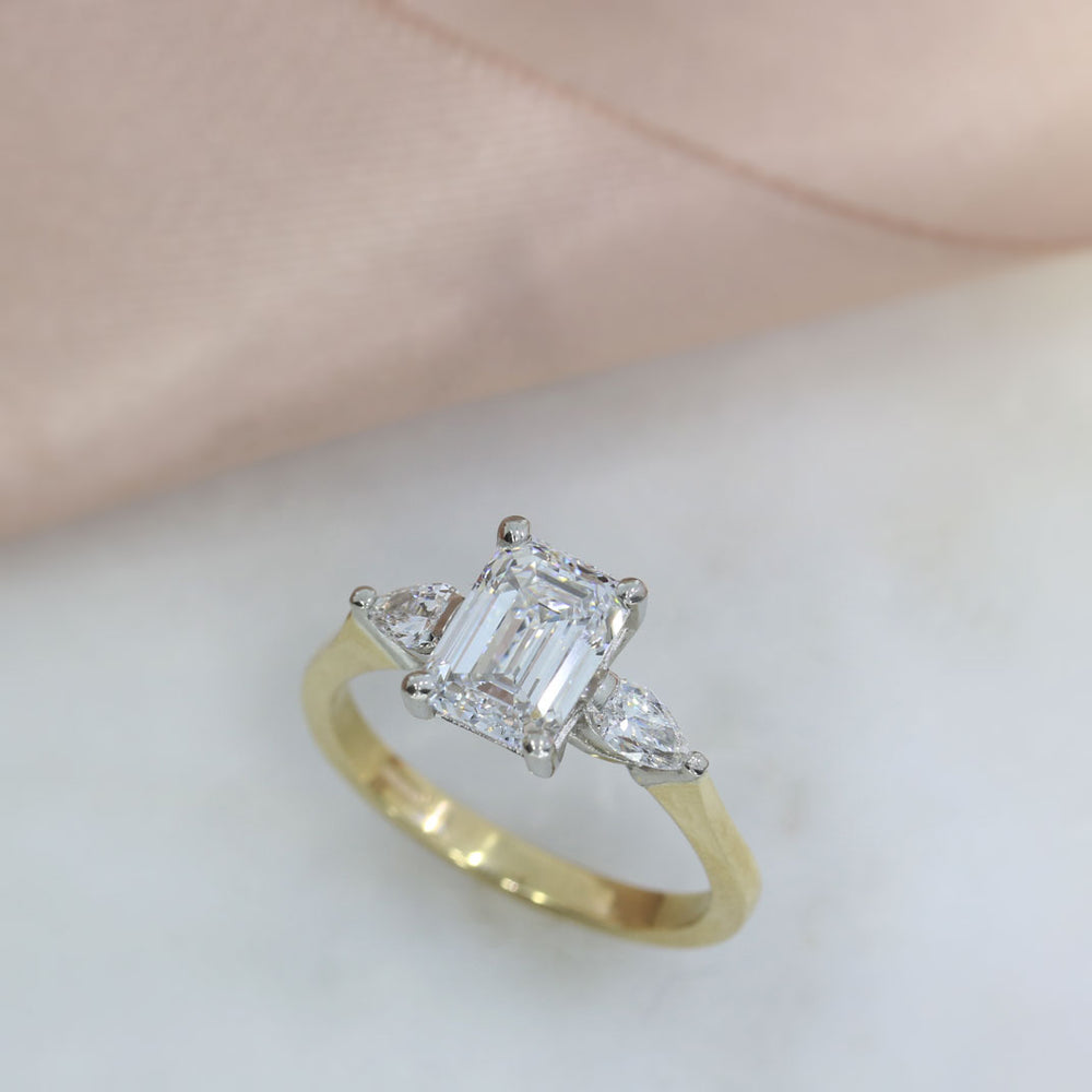 9ct Gold & Platinum Certified Claw Set Emerald Cut & Pear Shape Lab Grown Diamond Ring 2.38ct