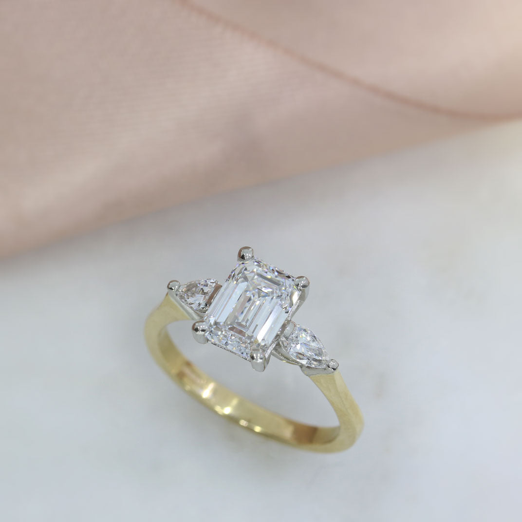 9ct Gold & Platinum Certified Claw Set Emerald Cut & Pear Shape Lab Grown Diamond Ring 2.38ct