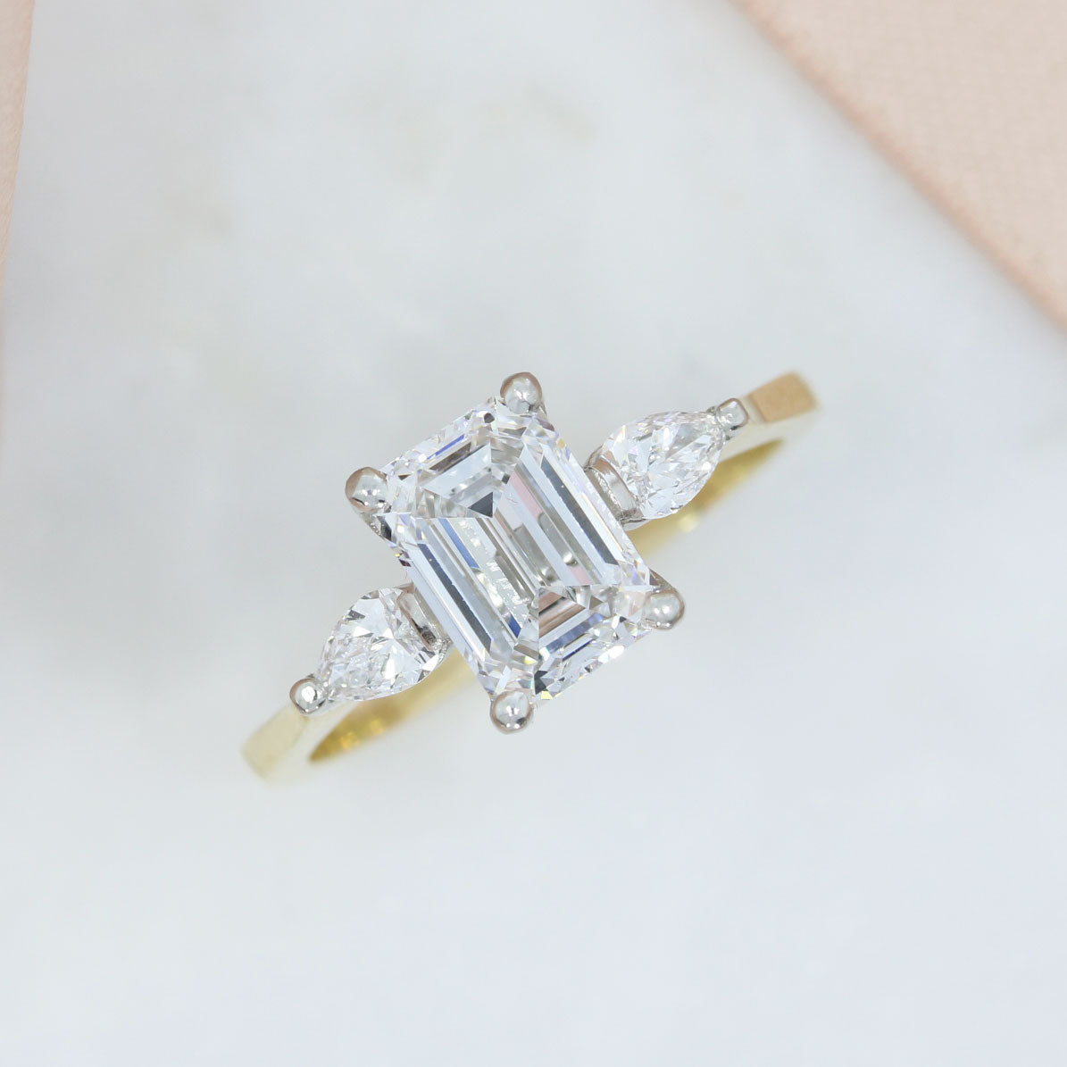 9ct Gold & Platinum Certified Claw Set Emerald Cut & Pear Shape Lab Grown Diamond Ring 2.38ct