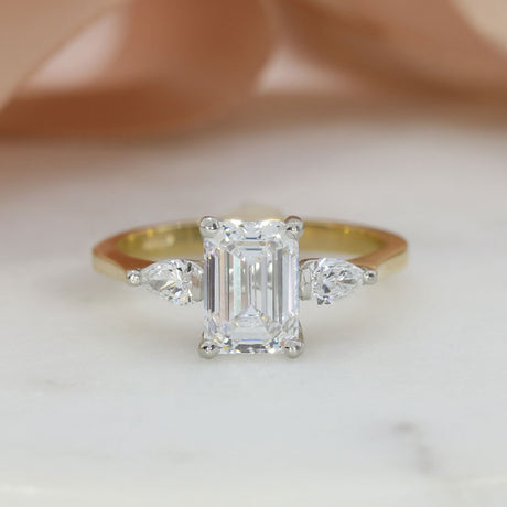 9ct Gold & Platinum Certified Claw Set Emerald Cut & Pear Shape Lab Grown Diamond Ring 2.38ct