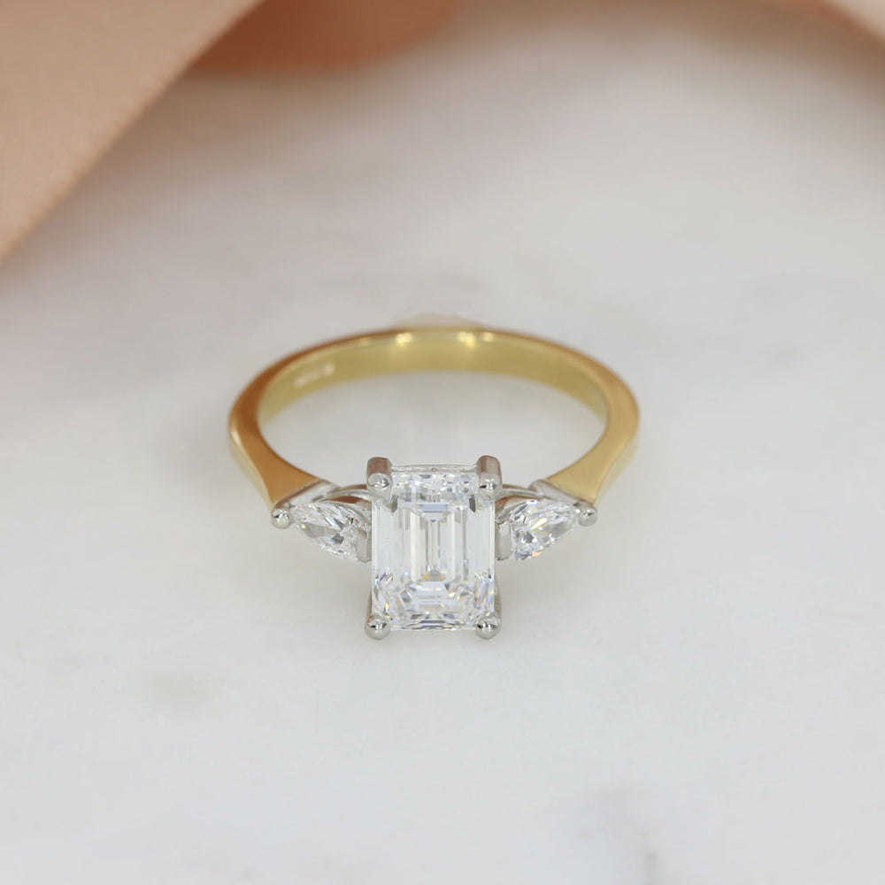 9ct Gold & Platinum Certified Claw Set Emerald Cut & Pear Shape Lab Grown Diamond Ring 2.38ct