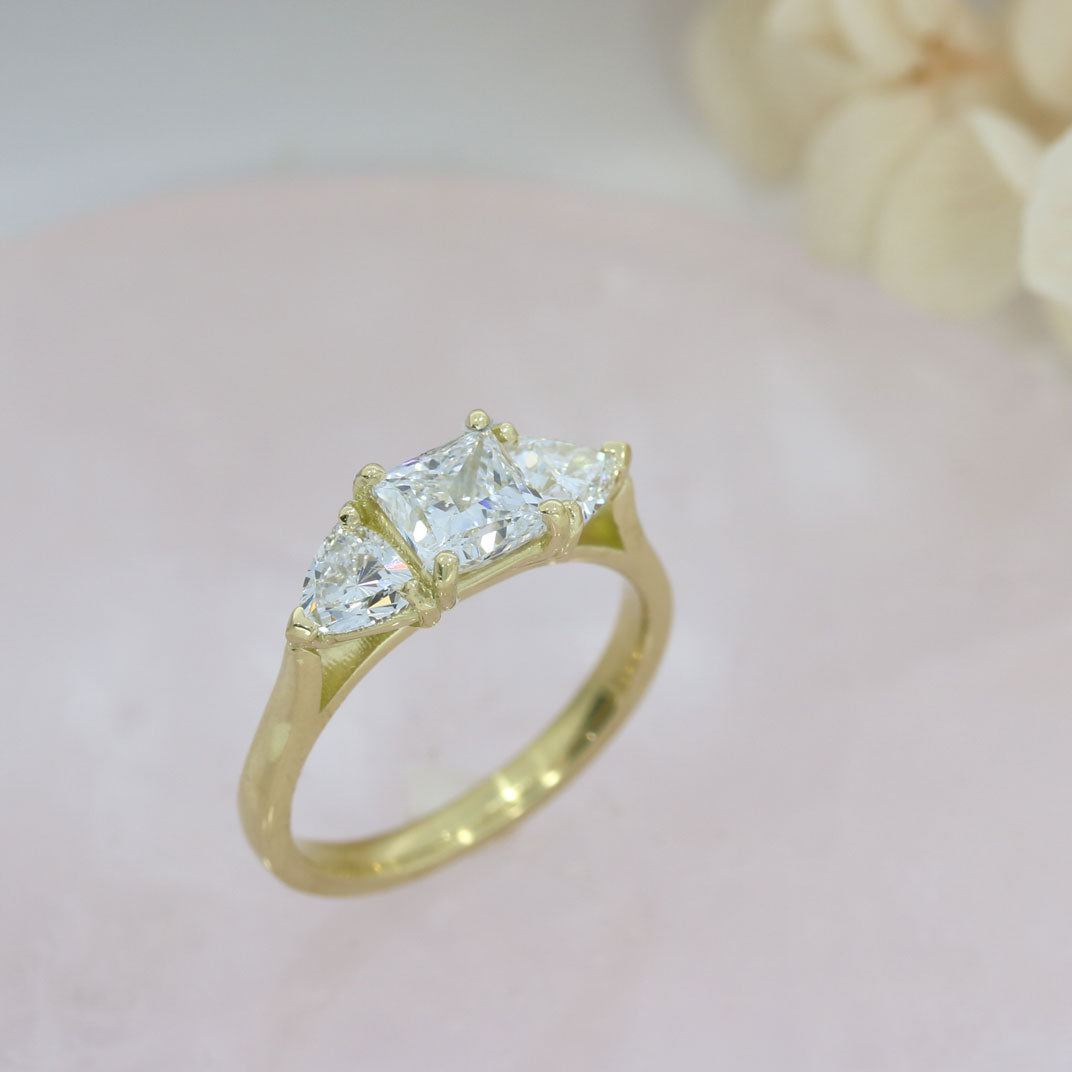18ct Gold Princess & Trillion Cut Lab Grown Diamond 3 Stone Ring 1.67ct
