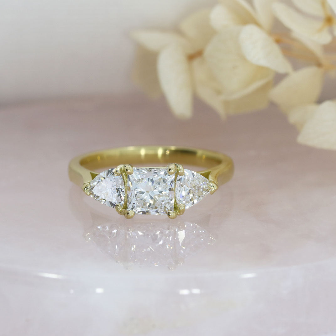 18ct Gold Princess & Trillion Cut Lab Grown Diamond 3 Stone Ring 1.67ct