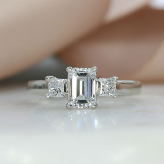 Platinum Claw Set Emerald Cut & Princess Cut Lab Grown Diamond 3 Stone Ring 1.43ct