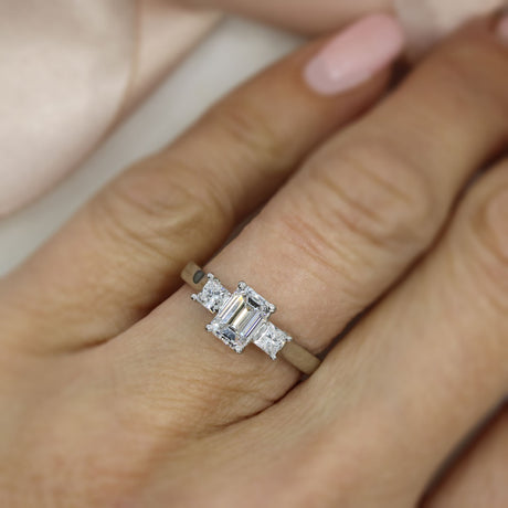 Platinum Claw Set Emerald Cut & Princess Cut Lab Grown Diamond 3 Stone Ring 1.43ct