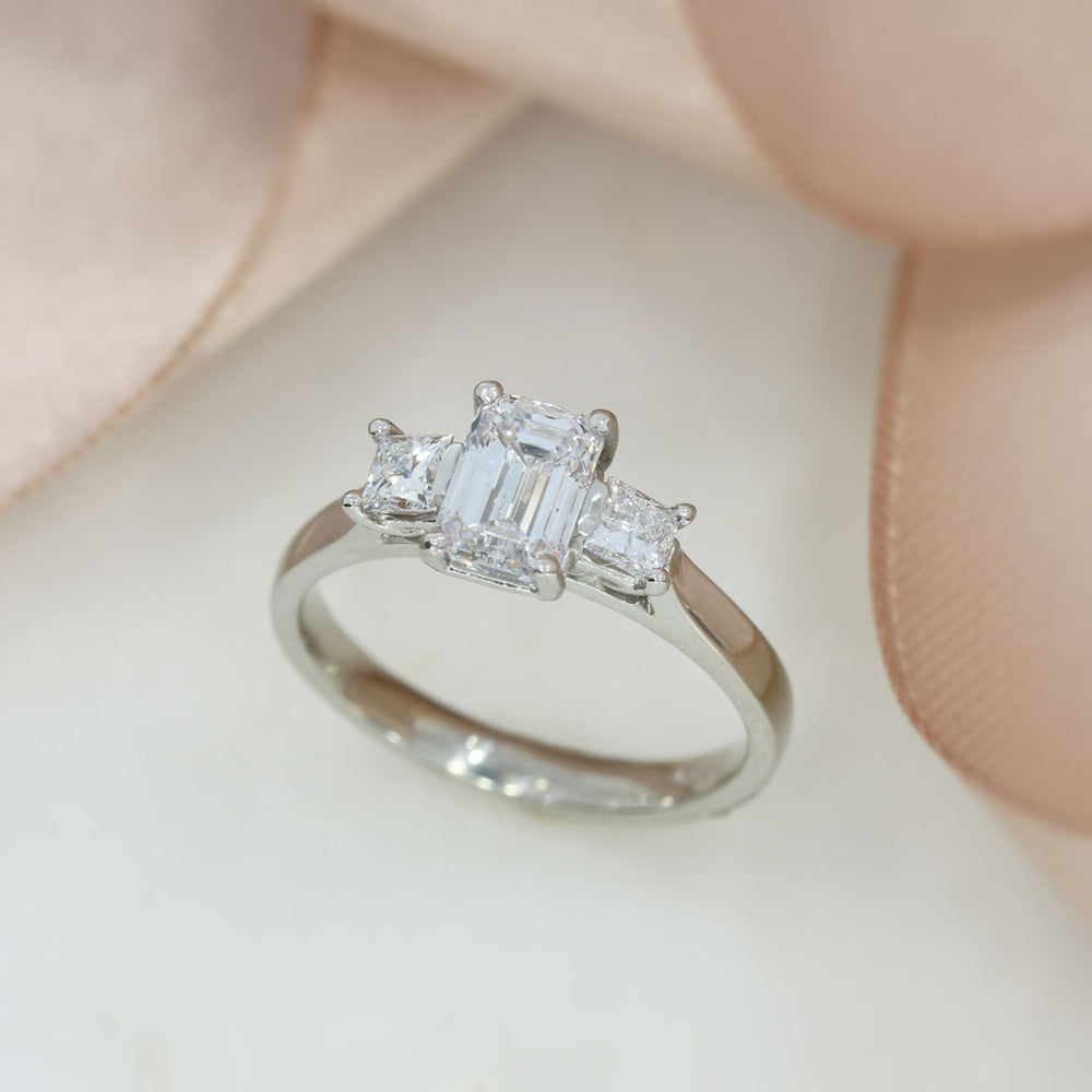 Platinum Claw Set Emerald Cut & Princess Cut Lab Grown Diamond 3 Stone Ring 1.43ct