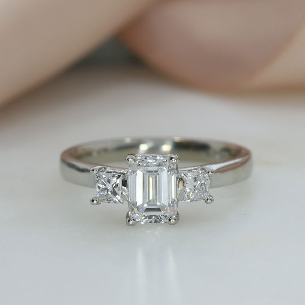 Platinum Claw Set Emerald Cut & Princess Cut Lab Grown Diamond 3 Stone Ring 1.43ct