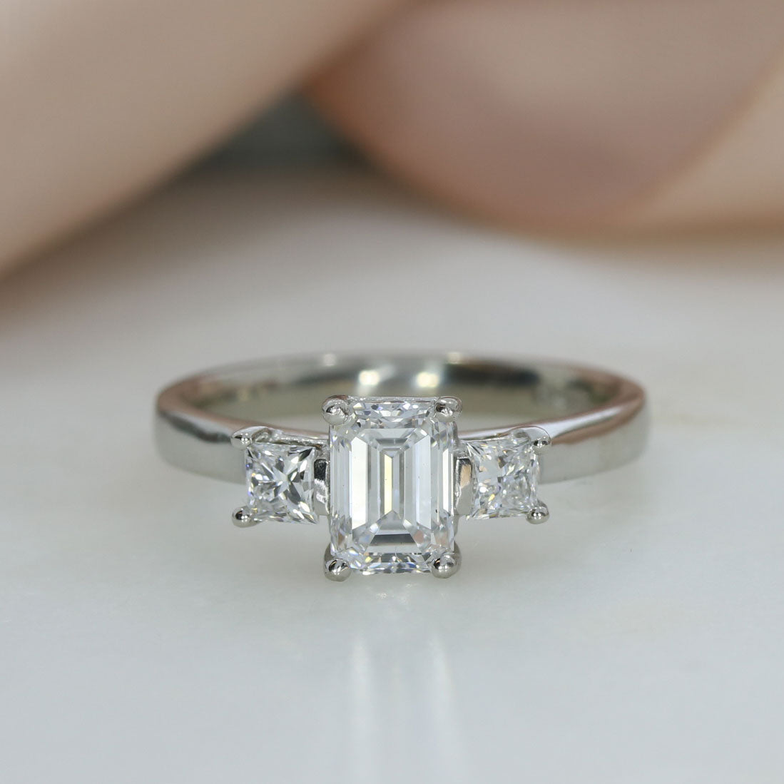 Platinum Claw Set Emerald Cut & Princess Cut Lab Grown Diamond 3 Stone Ring 1.43ct