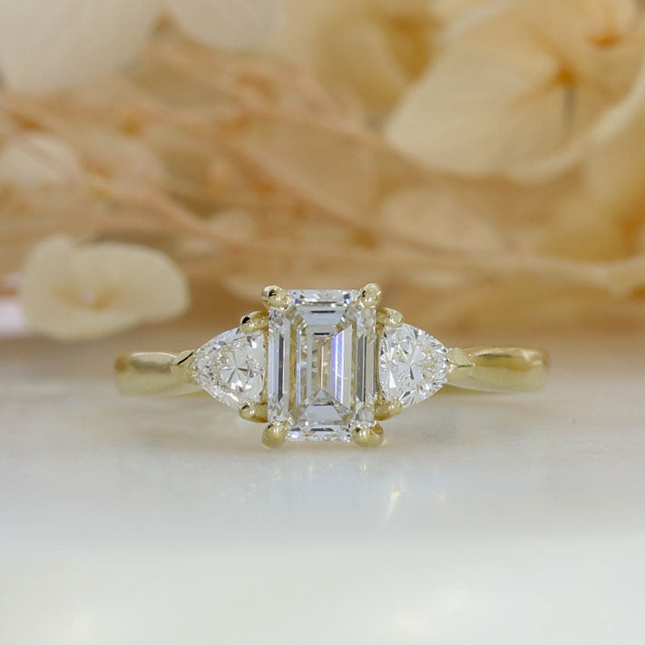 9ct Emerald Cut & Trillion Cut Lab Grown Diamond 3 Stone Ring 1.58ct