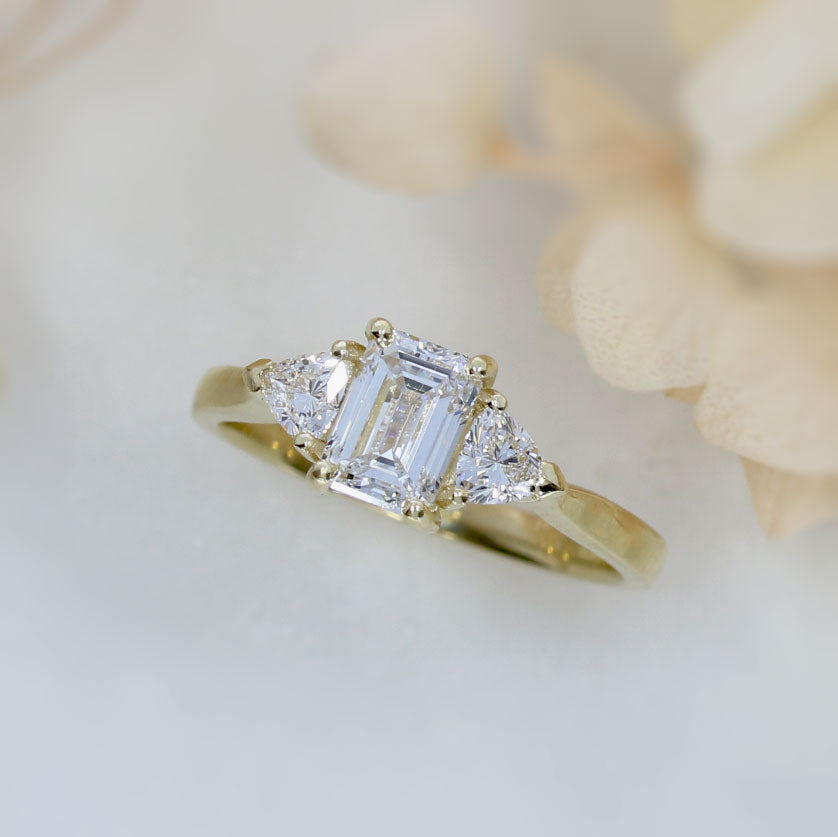 9ct Emerald Cut & Trillion Cut Lab Grown Diamond 3 Stone Ring 1.58ct