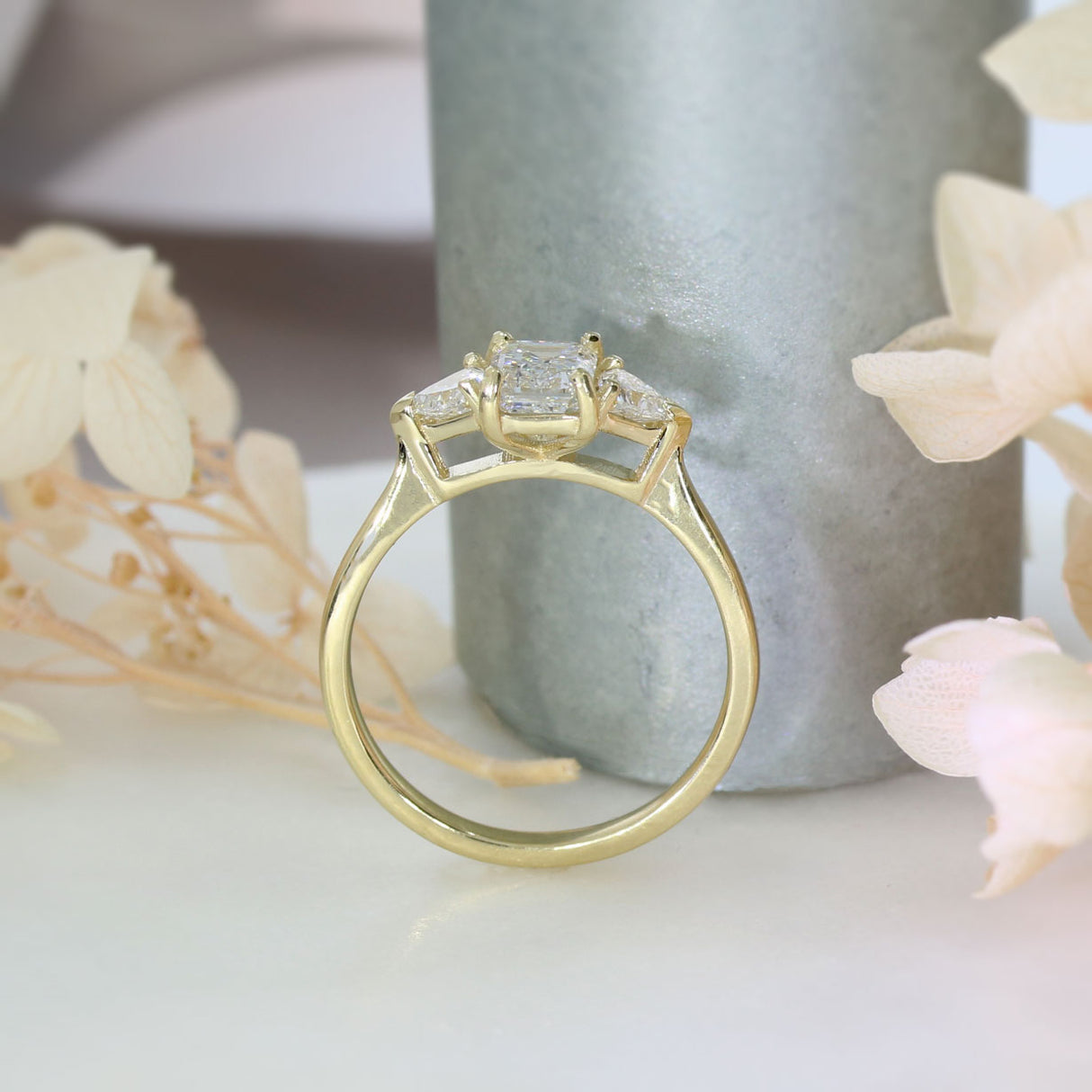 9ct Emerald Cut & Trillion Cut Lab Grown Diamond 3 Stone Ring 1.58ct