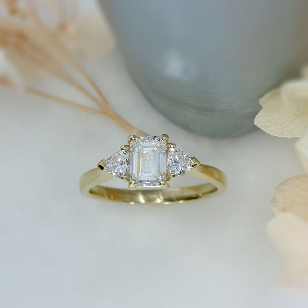 9ct Emerald Cut & Trillion Cut Lab Grown Diamond 3 Stone Ring 1.58ct