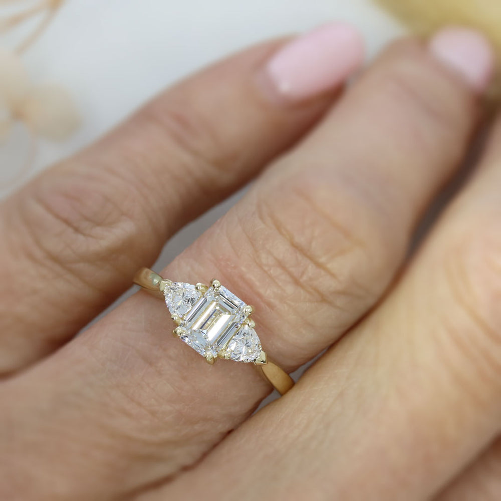 9ct Emerald Cut & Trillion Cut Lab Grown Diamond 3 Stone Ring 1.58ct