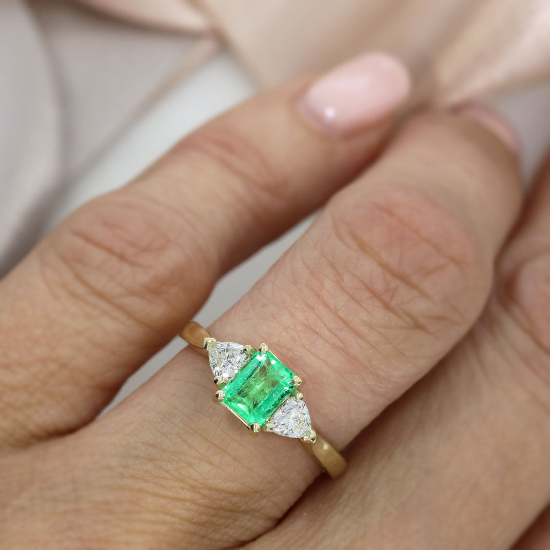 9ct Yellow Gold Claw Set Emerald Cut Emerald & Trillion Cut Lab Diamond 3 Stone Ring