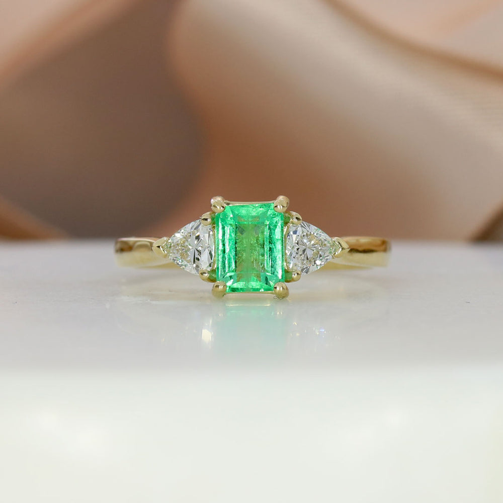 9ct Yellow Gold Claw Set Emerald Cut Emerald & Trillion Cut Lab Diamond 3 Stone Ring