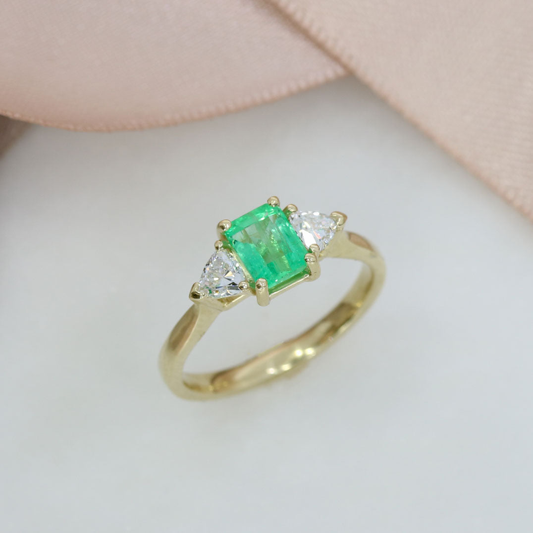 9ct Yellow Gold Claw Set Emerald Cut Emerald & Trillion Cut Lab Diamond 3 Stone Ring