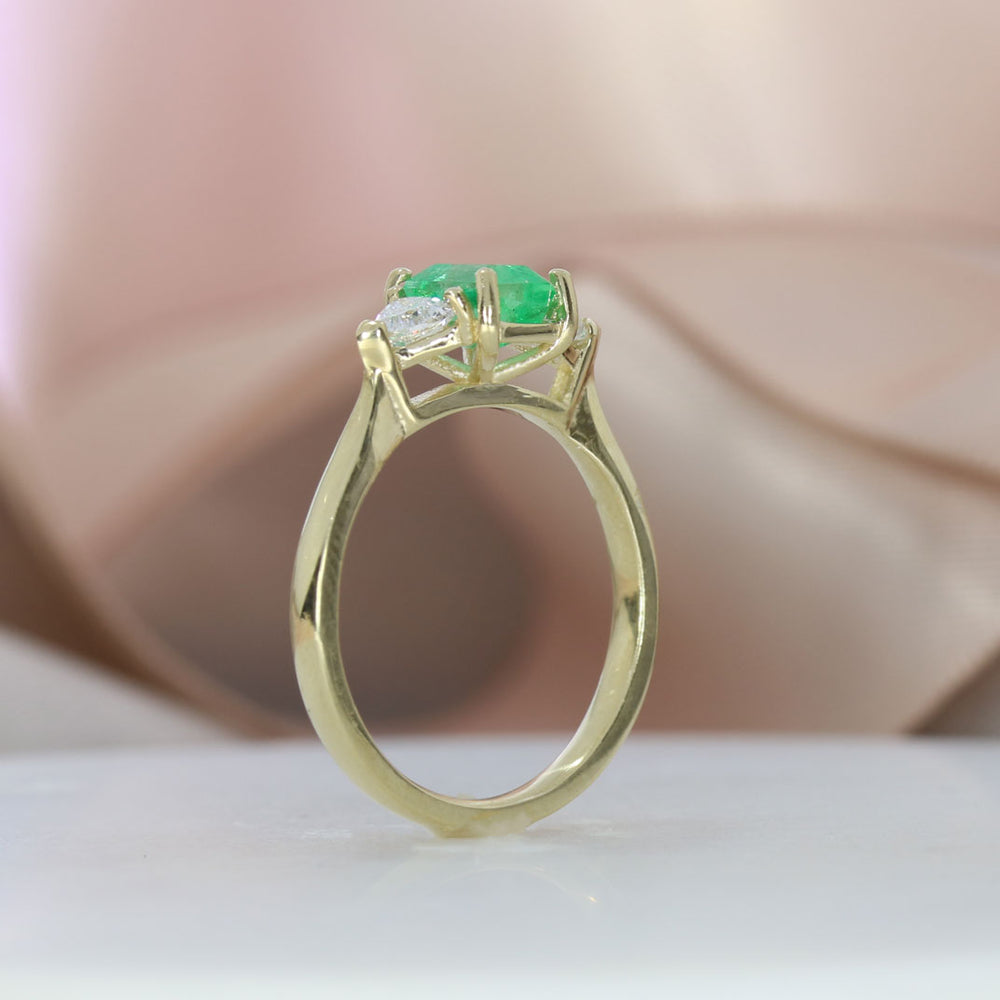 9ct Yellow Gold Claw Set Emerald Cut Emerald & Trillion Cut Lab Diamond 3 Stone Ring