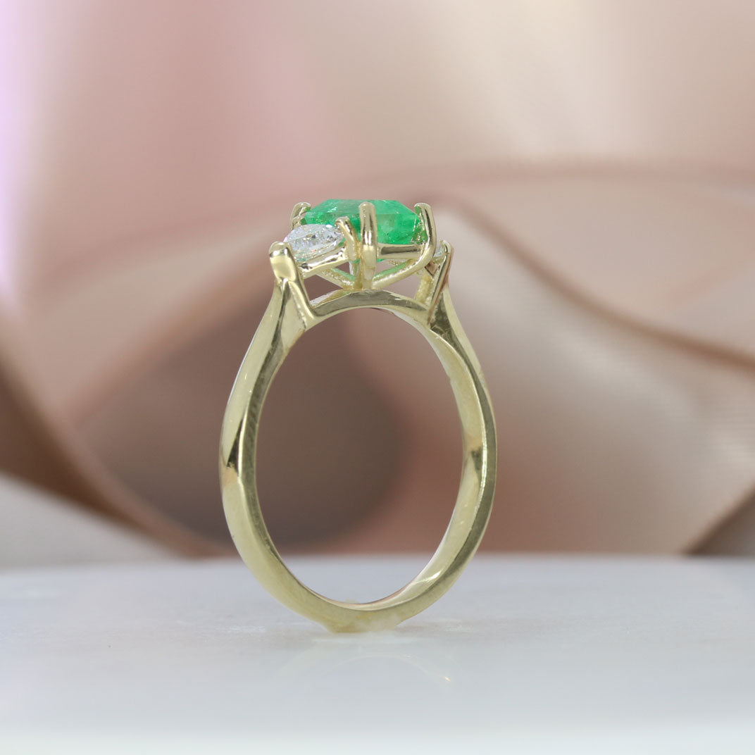 9ct Yellow Gold Claw Set Emerald Cut Emerald & Trillion Cut Lab Diamond 3 Stone Ring