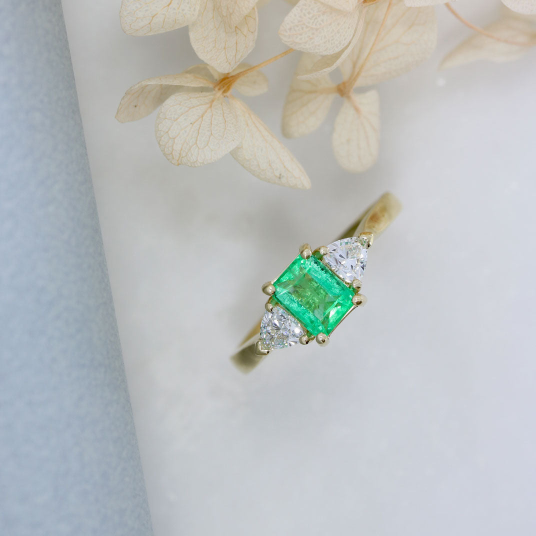 9ct Yellow Gold Claw Set Emerald Cut Emerald & Trillion Cut Lab Diamond 3 Stone Ring
