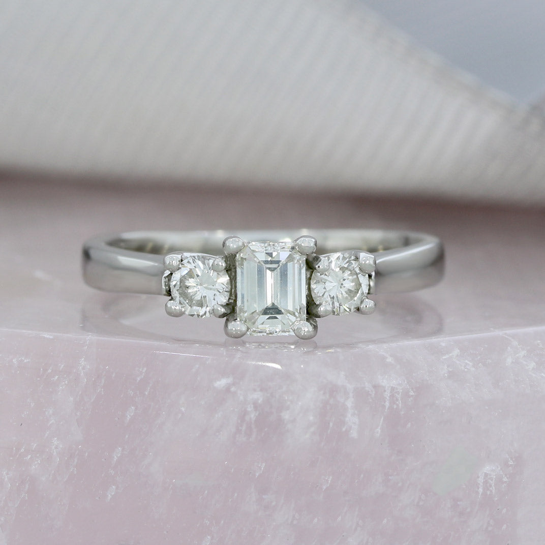 Pre Owned Platinum Emerald & Round Cut 3 Stone Diamond Ring