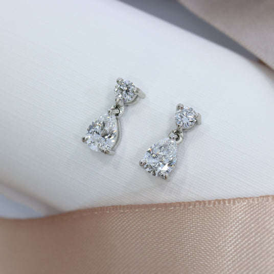 Pre Order 18ct White Gold Claw Set Pear & Round Lab Grown Diamond Drop Earrings Approx 1.59ct