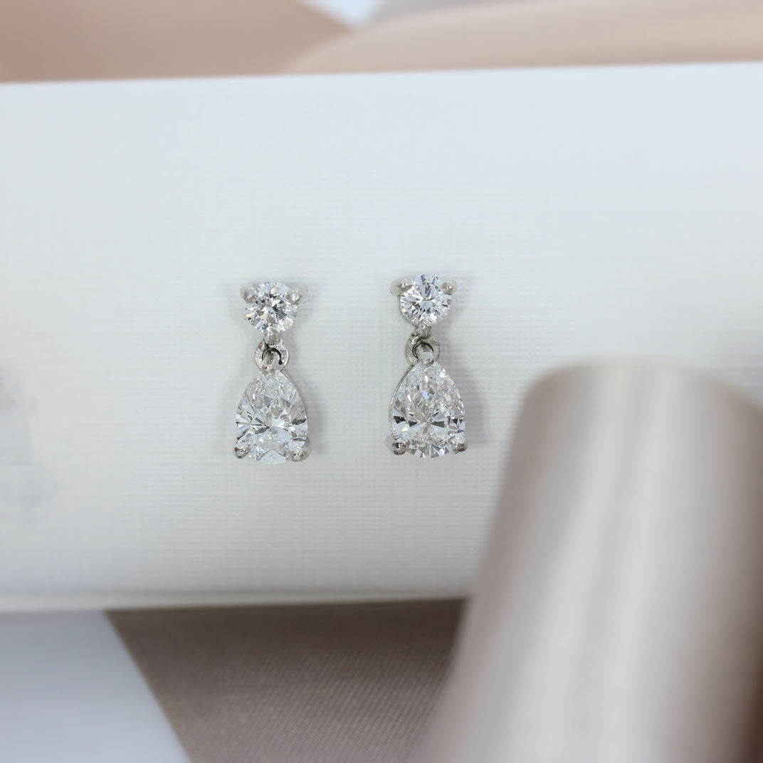 18ct White Gold Claw Set Pear & Round Lab Grown Diamond Drop Earrings 1.59ct
