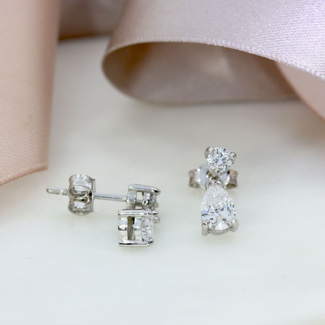 18ct White Gold Claw Set Pear & Round Lab Grown Diamond Drop Earrings 1.59ct