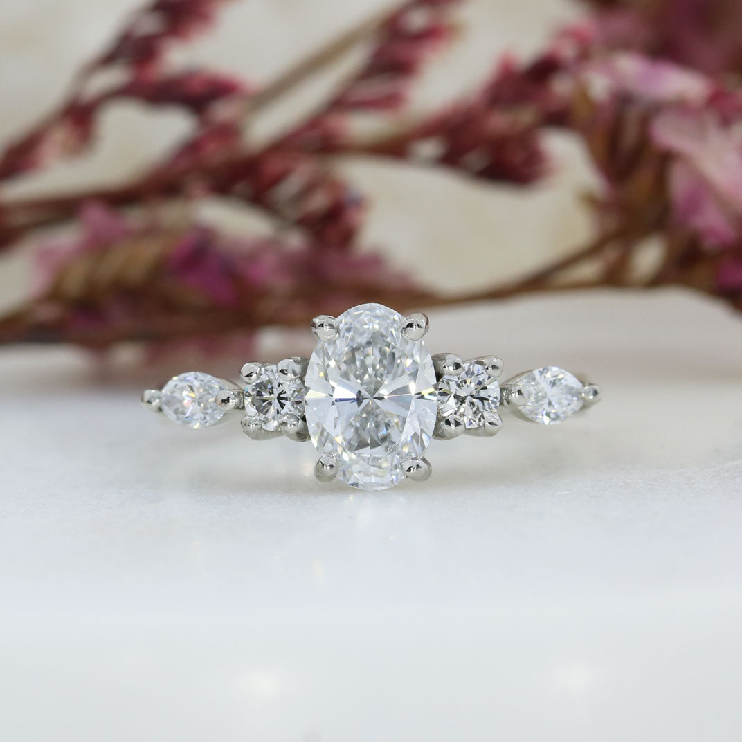 Platinum 1ct Oval Lab Grown Diamond Solitaire with Round & Marquise Diamonds on either side