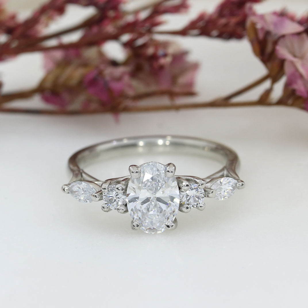 Platinum 1ct Oval Lab Grown Diamond Solitaire with Round & Marquise Diamonds on either side