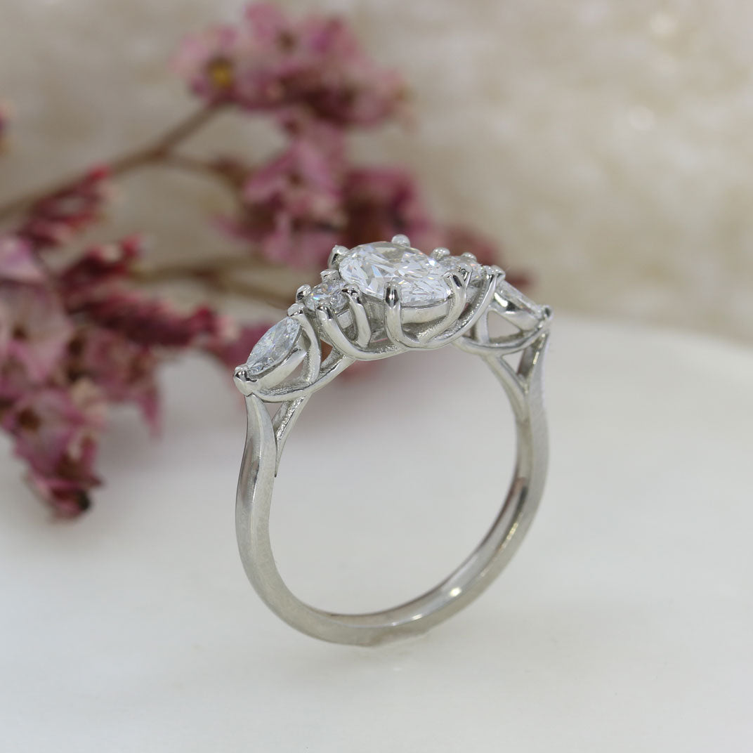 Platinum 1ct Oval Lab Grown Diamond Solitaire with Round & Marquise Diamonds on either side