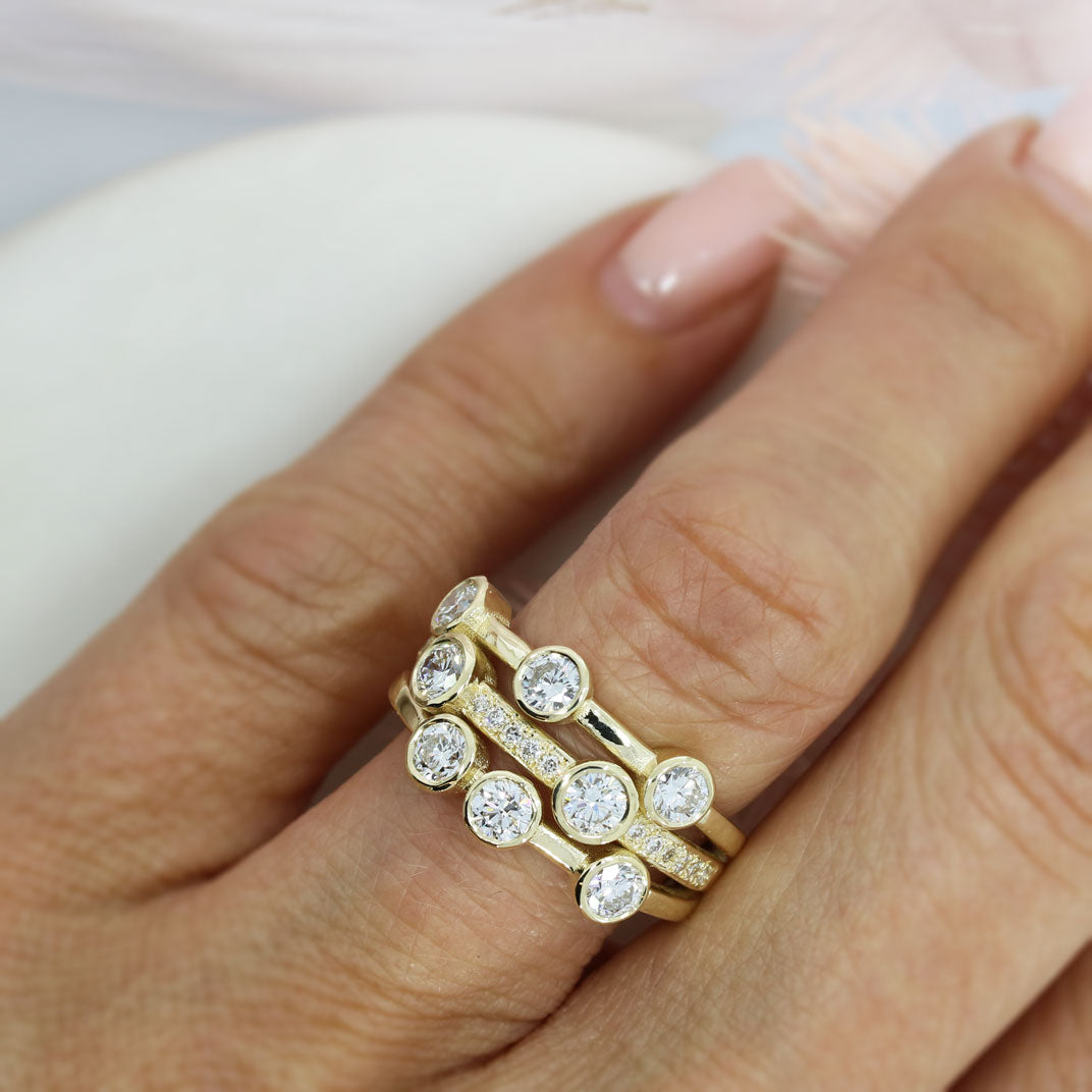 9ct Yellow Gold 3 Row Laboratory Grown Bubble Ring with Pave Set stones total 1.52ct