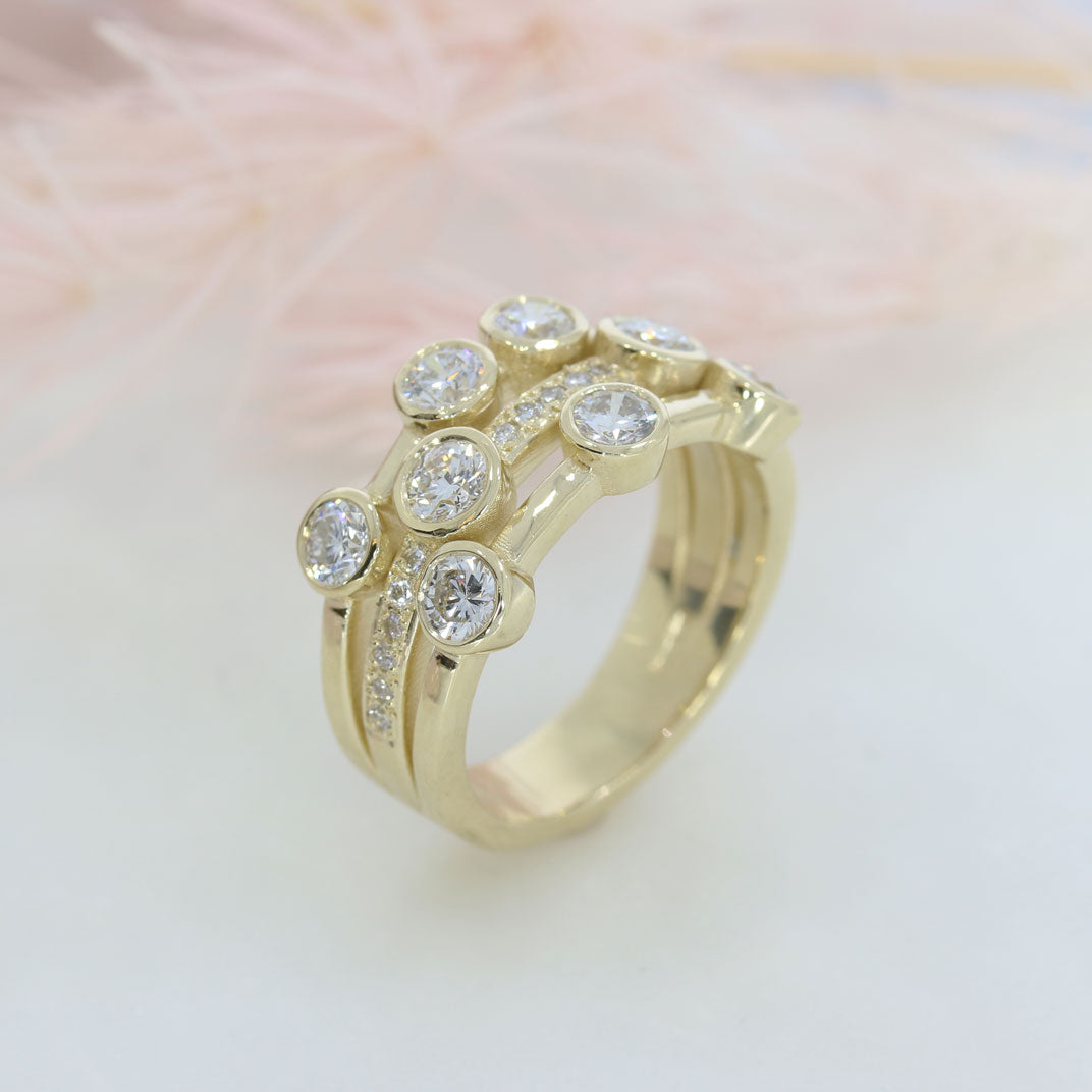 9ct Yellow Gold 3 Row Laboratory Grown Bubble Ring with Pave Set stones total 1.52ct