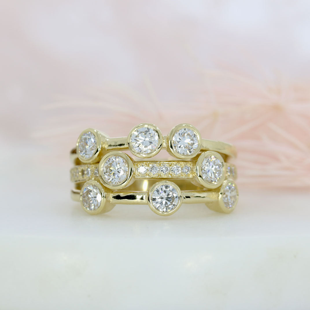 9ct Yellow Gold 3 Row Laboratory Grown Bubble Ring with Pave Set stones total 1.52ct