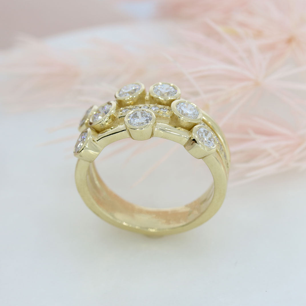 9ct Yellow Gold 3 Row Laboratory Grown Bubble Ring with Pave Set stones total 1.52ct