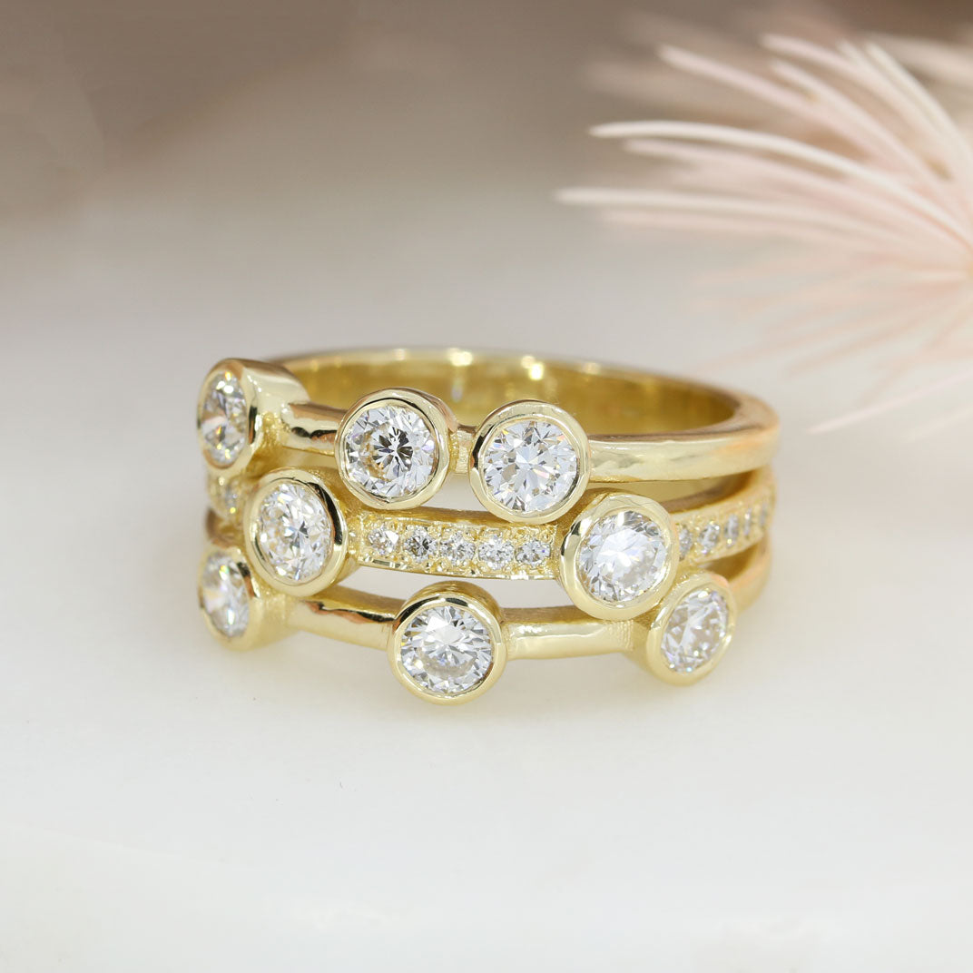 9ct Yellow Gold 3 Row Laboratory Grown Bubble Ring with Pave Set stones total 1.52ct