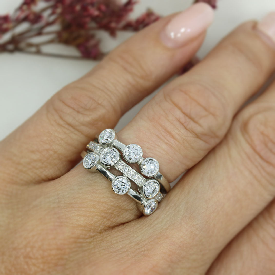 Platinum 3 Row Lab Grown Bubble Ring with Middle Row Pave Set 1.47ct